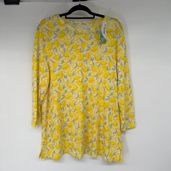 NWT Lands End Slub Jersey Tunic Swing Top Women XL Yellow Lemon Check 3/4 Sleeve - Picture 2 of 10